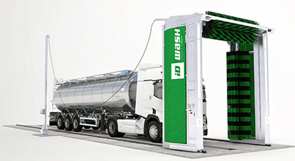 Vue 3D d'un portique de lavage poids lourd vert de la marque ID WASH lavant un camion citerne